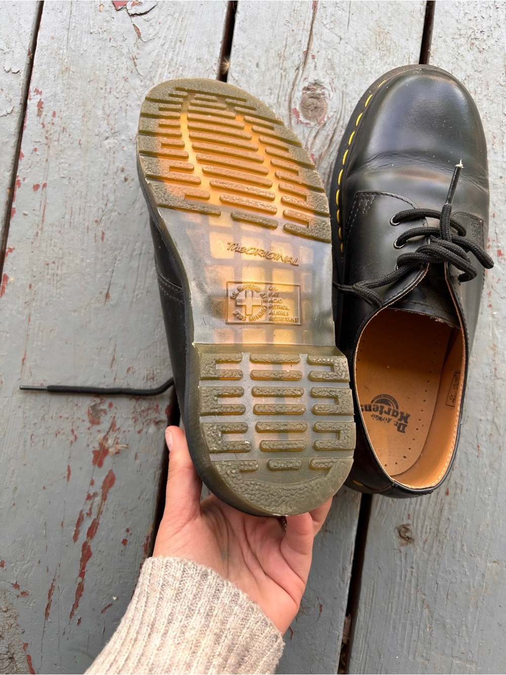 Dr. Martens Black Leather Lace-Up Flats with Yellow Stitching - Picture 3 of 6